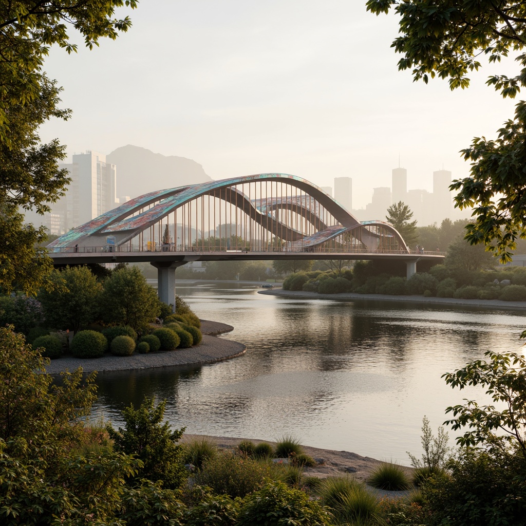 Prompt: Curved bridge silhouette, organic forms, iridescent colors, undulating surfaces, tendril-inspired railings, leaf-like steel beams, nature-inspired piers, rippling water reflections, misty atmospheric effects, warm golden lighting, shallow depth of field, 1/1 composition, realistic textures, ambient occlusion, futuristic engineering, sustainable materials, innovative structural systems, dynamic motion simulations, scenic riverbank surroundings, lush greenery, vibrant flowers.