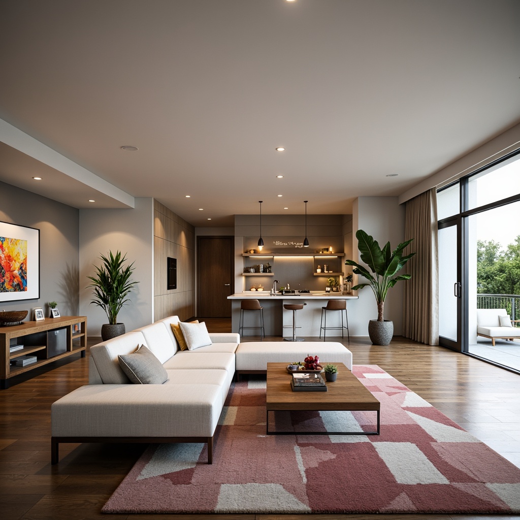 Prompt: Modern living room, sleek minimalist furniture, comfortable couch, wooden coffee table, floor-to-ceiling windows, natural light, soft warm ambiance, 1/1 composition, shallow depth of field, realistic textures, ambient occlusion; spacious open-plan kitchen, high-gloss cabinets, marble countertops, stainless steel appliances, pendant lighting, breakfast bar, cozy reading nook, plush area rug, vibrant colorful artwork, geometric patterns.