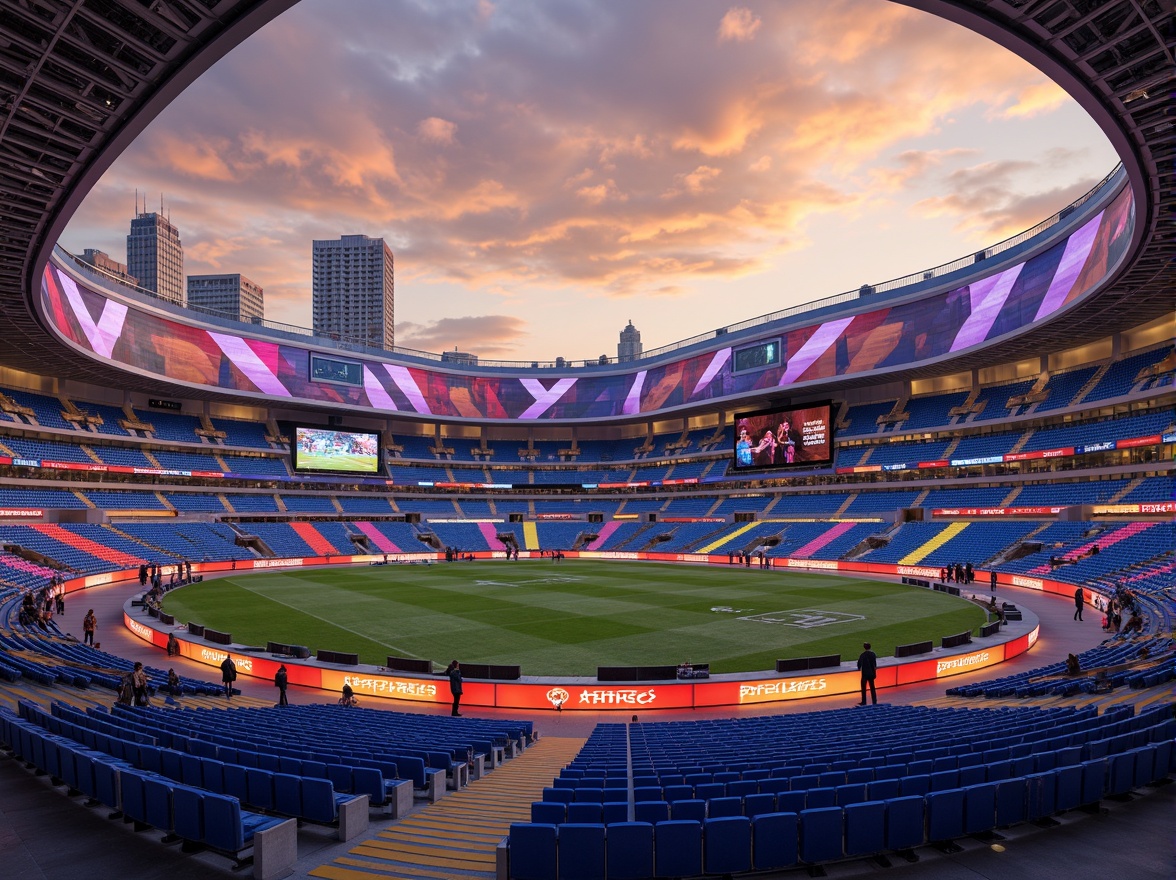 Prompt: Vibrant stadium, fusion architecture, dynamic color palette, bold stripes, bright accents, neon lights, metallic surfaces, sleek curves, futuristic design, urban landscape, city skyline, evening atmosphere, warm golden lighting, shallow depth of field, 1/1 composition, wide-angle lens, realistic textures, ambient occlusion.