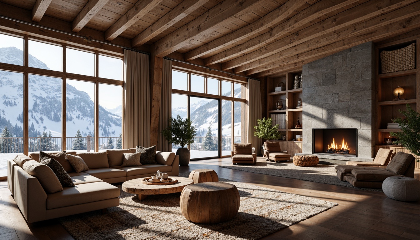 Prompt: Rustic ski center, wooden accents, natural stone walls, earthy tones, reclaimed wood furnishings, cozy fireplaces, woven textiles, organic patterns, snow-capped mountains, frosty windows, warm lighting, shallow depth of field, 1/1 composition, panoramic view, realistic textures, ambient occlusion.