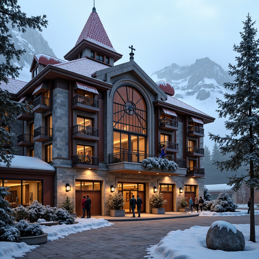 Prompt: Ornate ski center facade, grandiose entrance arches, intricately carved wooden doors, snow-capped mountain peaks, frosty misty morning, warm golden lighting, rustic stone walls, curved balconies, ornamental metalwork, vibrant red roof tiles, Baroque-inspired ornaments, dramatic eaves, snow-covered pine trees, frozen lakeside scenery, misty valley atmosphere, 1/1 composition, high-contrast lighting, detailed textures, realistic snow effects.