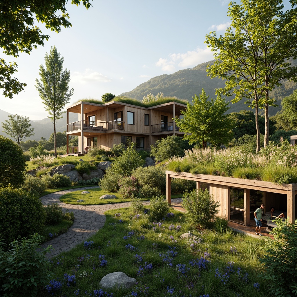 Prompt: Vibrant green roofs, lush foliage, natural earth tones, weathered wood accents, living walls, eco-friendly materials, sustainable design, modern minimalist aesthetic, abundant natural light, soft warm ambiance, shallow depth of field, 3/4 composition, panoramic view, realistic textures, ambient occlusion.