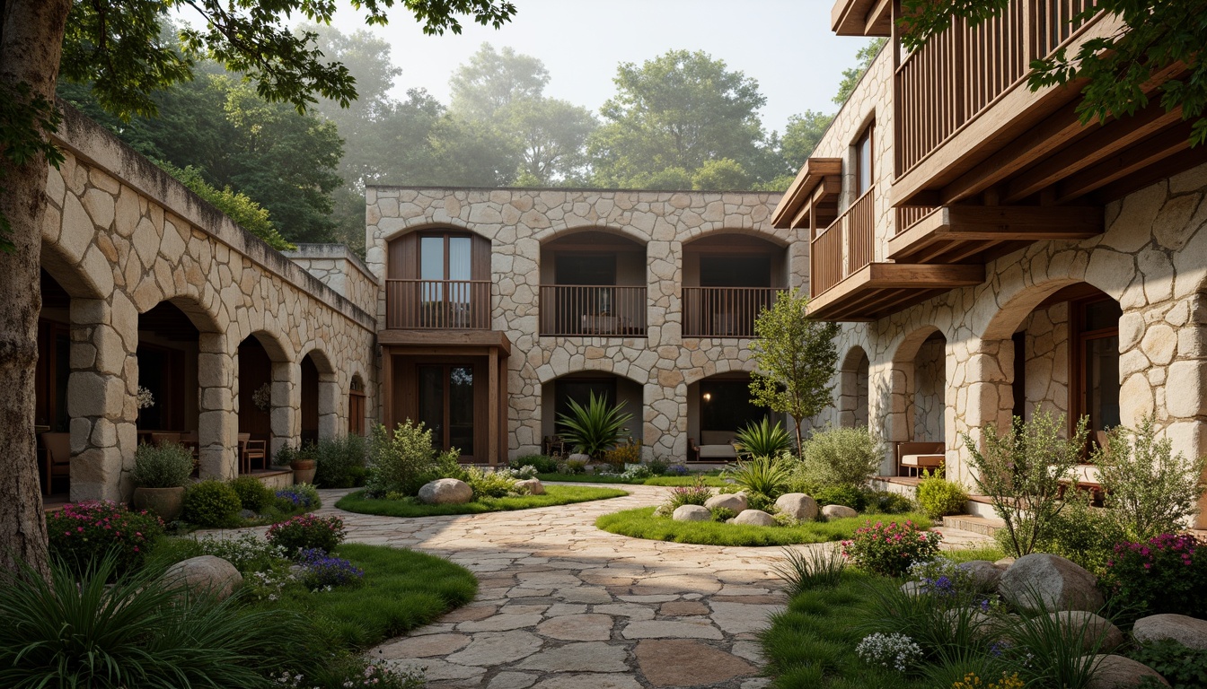 Prompt: Rustic monastery, organic architecture, earthy tones, natural materials, stone walls, wooden accents, textured surfaces, irregular shapes, curved lines, botanical gardens, lush greenery, vibrant flowers, misty atmosphere, soft warm lighting, ambient occlusion, shallow depth of field, 1/1 composition, intimate views, realistic textures, moss-covered stones, weathered wood, ornate carvings, subtle color palette.