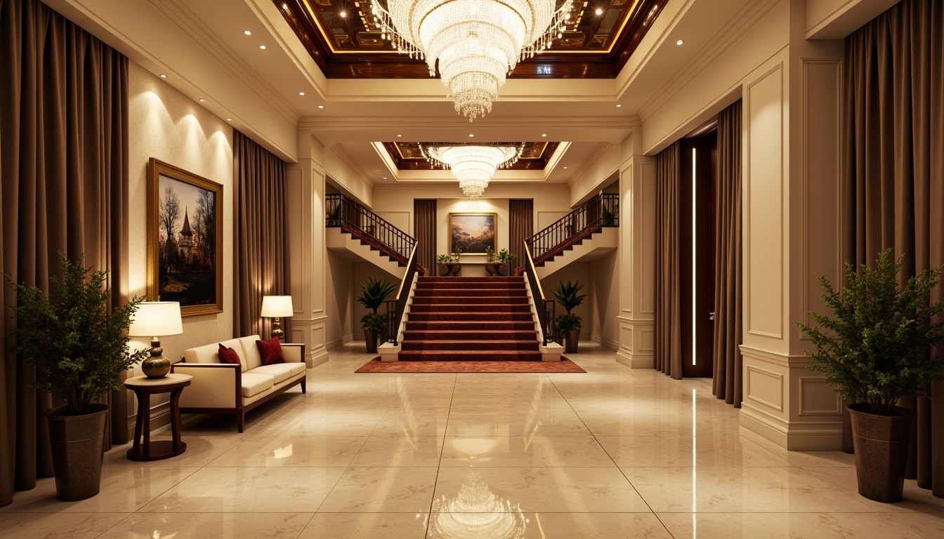 Prompt: Elegant foyer, high ceilings, grand staircase, ornate chandeliers, warm soft lighting, subtle shadows, ambient glow, accentuated architectural details, creamy marble floors, polished metal rails, luxurious velvet drapes, dramatic spotlights, LED strip lights, layered lighting effects, 3D modeling illumination, cinematic atmosphere, realistic textures, depth of field, panoramic view.