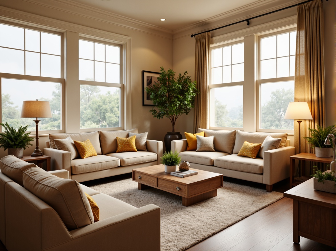 Prompt: Cozy living rooms, plush sofas, wooden coffee tables, floor lamps, vibrant throw pillows, warm beige walls, large windows, natural daylight, soft carpeting, minimalist decor, modern furniture pieces, greenery accents, calm atmosphere, 1/2 composition, shallow depth of field, warm white lighting.