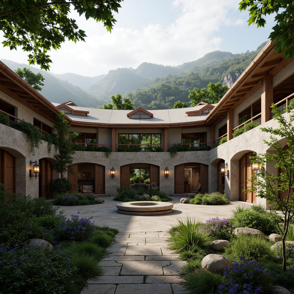 Prompt: Serene monastery courtyard, lush greenery, organic architecture, natural stone walls, curved lines, earthy tones, wooden accents, lantern-style lighting, peaceful ambiance, misty morning, soft warm glow, shallow depth of field, 1/1 composition, panoramic view, realistic textures, ambient occlusion, surrounding mountains, rolling hills, tranquil atmosphere, spiritual essence, harmonious coexistence, minimalist design, sustainable materials, eco-friendly practices, natural ventilation systems, clerestory windows, ornate wooden doors, intricate stone carvings.