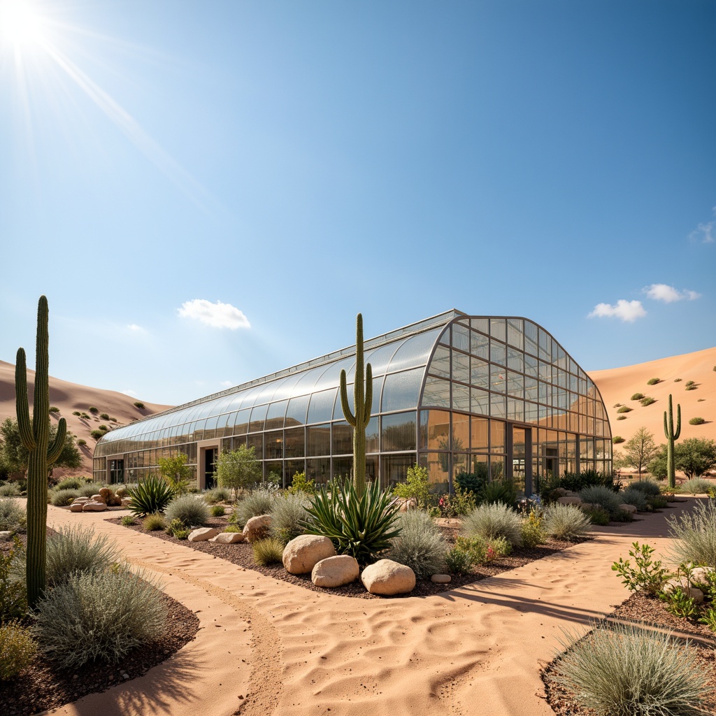 Prompt: Desert greenhouse, arid climate, sand dunes backdrop, cactus plants surroundings, hot sunny day, clear blue sky, evaporative cooling systems, natural ventilation strategies, solar-powered fans, misting systems, shading devices, insulated walls, double-glazed windows, reflective roofing materials, water conservation systems, humidification control, automated climate control, optimal air exchange rates, healthy indoor air quality, comfortable working conditions, increased crop yields, reduced energy consumption, sustainable agricultural practices, futuristic greenhouse design, innovative ventilation technologies.