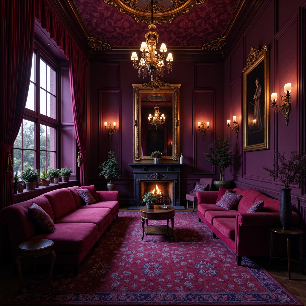 Prompt: Rich plum hues, luxurious velvet textures, ornate gold accents, warm candlelight, lavish furnishings, opulent drapery, regal purple undertones, deep berry shades, intricate patterns, antique furniture pieces, mysterious atmospheric lighting, 1/1 composition, dramatic shadows, realistic reflections.