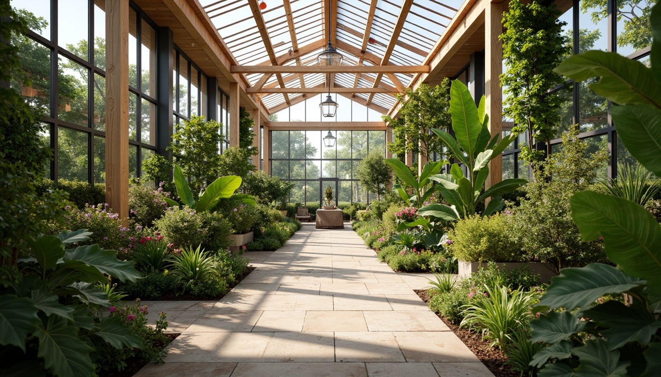 Prompt: Vibrant greenhouse interior, lush tropical plants, natural stone flooring, wooden trellis, modern minimalist architecture, large glass windows, clerestory lighting, misting systems, automated irrigation, hydroponic farming, sustainable energy solutions, living walls, vertical gardens, organic textures, earthy color palette, warm soft lighting, shallow depth of field, 1/1 composition, realistic reflections, ambient occlusion.