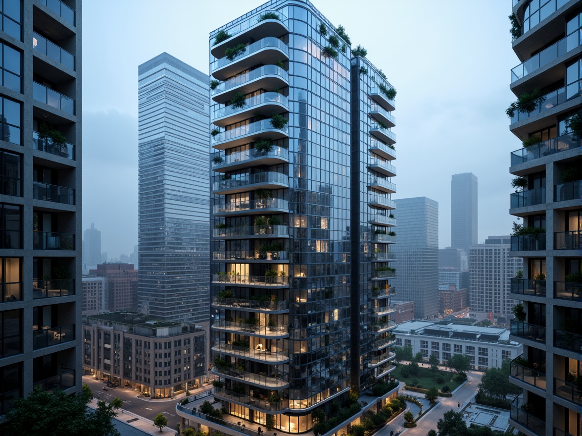 Prompt: Glassy skyscrapers, metallic reflections, urban cityscape, modernist architecture, sleek lines, minimalist aesthetic, cantilevered balconies, LED lighting systems, nighttime illumination, foggy atmospheric effects, shallow depth of field, 1/1 composition, symmetrical framing, geometric patterns, futuristic vibe, avant-garde design, innovative materials, green roofs, eco-friendly technologies, panoramic city views, misty morning atmosphere.