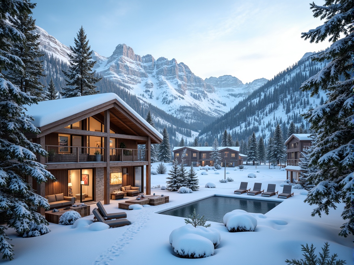 Prompt: Snow-capped mountains, frosty pine trees, frozen lakes, ski trails, mountainous terrain, rustic wooden cabins, modern ski center architecture, large glass windows, sliding doors, natural stone walls, wooden accents, cozy fireplaces, warm lighting, shallow depth of field, 1/2 composition, panoramic view, realistic snow textures, ambient occlusion, misty atmosphere, cold winter air, snowy scenery, frozen waterfalls, icy cliffs, ski lifts, chairlifts, gondolas, snowshoes, sledges, winter sports equipment.