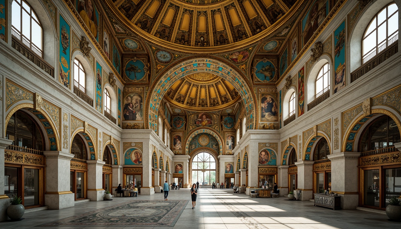 Prompt: Intricate mosaics, golden domes, ornate arches, lavish frescoes, elaborate stone carvings, ornamental capitals, detailed iconography, richly patterned textiles, grandiose entranceways, majestic columns, ornate balconies, delicate filigree, gilded accents, vibrant turquoise hues, soft warm lighting, shallow depth of field, 3/4 composition, panoramic view, realistic textures, ambient occlusion.