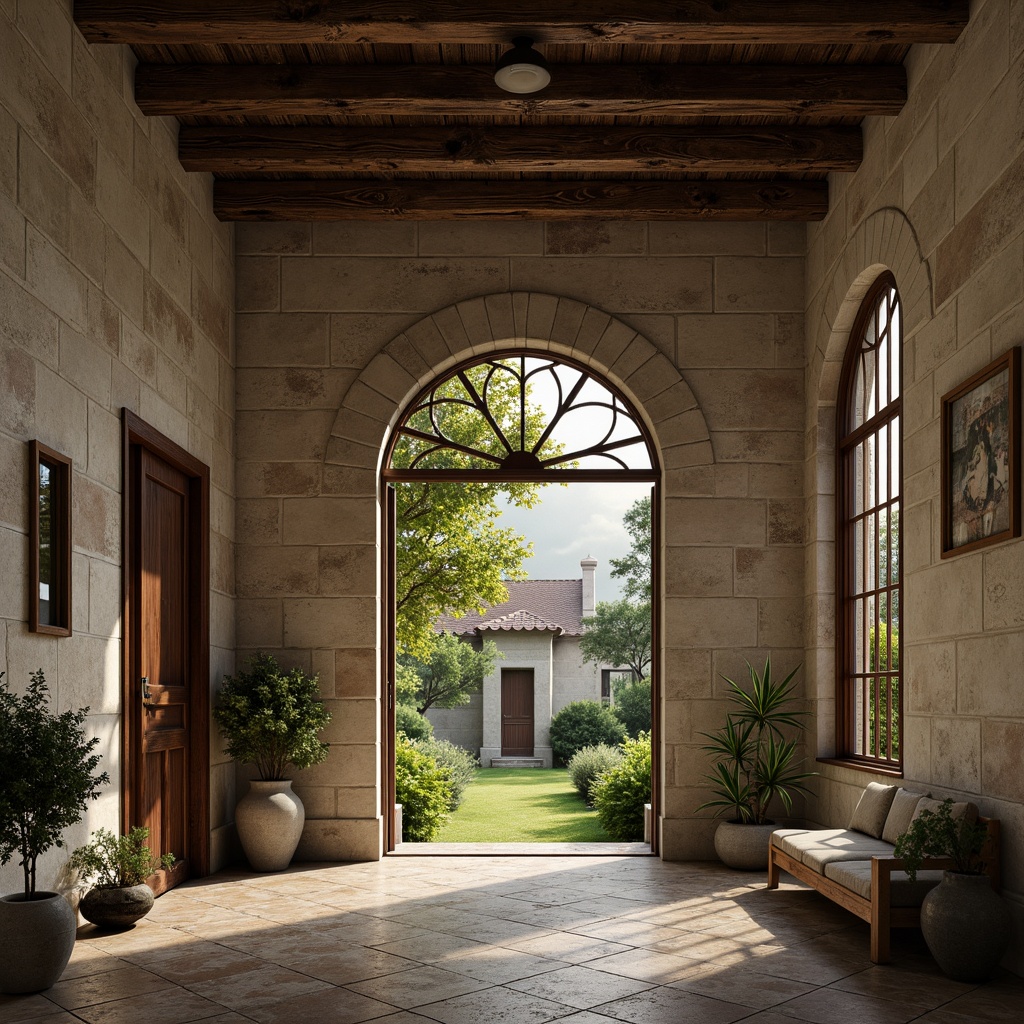 Prompt: Weathered stone walls, rustic wooden doors, intricately carved archways, vaulted ceilings, stained glass windows, ornate metalwork, serene cloisters, lush green courtyards, natural stone flooring, earthy color palette, organic shapes, curved lines, minimalist ornamentation, soft warm lighting, high contrast shadows, atmospheric mist, 1/2 composition, realistic textures, ambient occlusion.