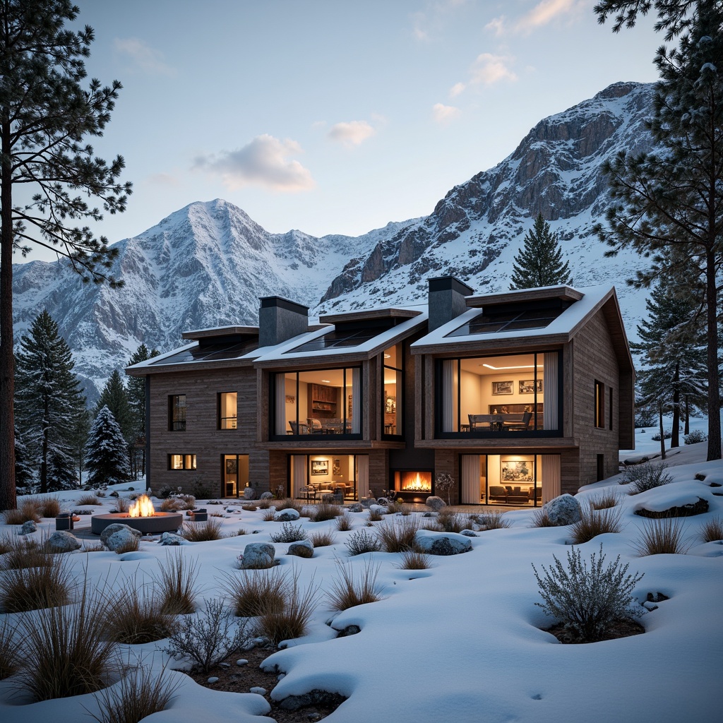 Prompt: Snow-capped mountains, rugged terrain, pine tree forests, rustic wooden cabins, large windows, sliding glass doors, clerestory roofs, skylights, open floor plans, minimalist interior design, earthy color palette, natural stone walls, reclaimed wood accents, cozy fireplaces, warm ambient lighting, soft shadows, 1/1 composition, atmospheric perspective, realistic textures, subtle gradient maps.