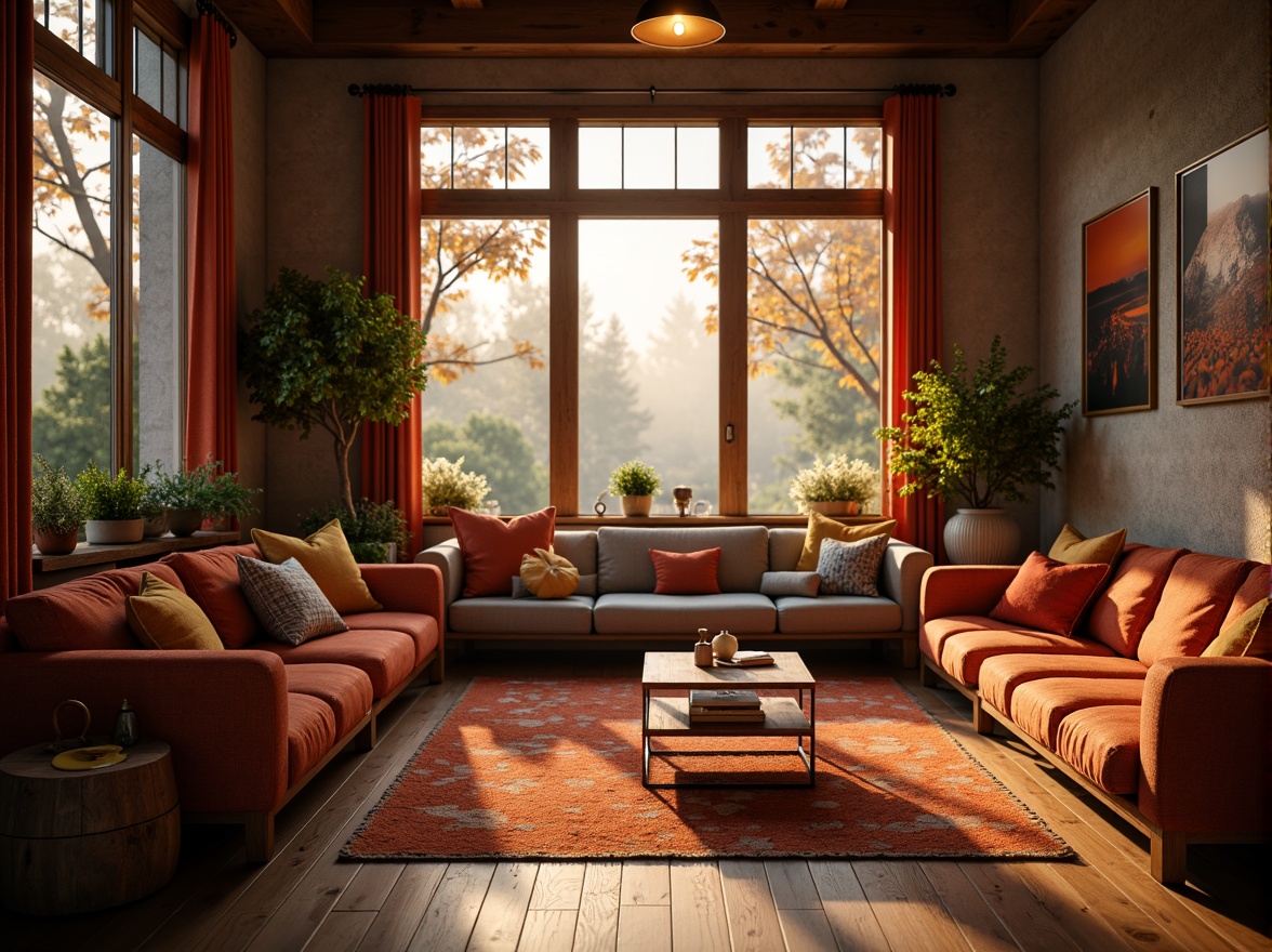 Prompt: Vibrant persimmon hues, warm earthy tones, rich terracotta accents, soft apricot undertones, inviting golden lighting, rustic wooden textures, natural stone walls, cozy intimate spaces, autumnal forest scenery, misty morning atmosphere, shallow depth of field, 1/1 composition, realistic rendering, ambient occlusion.