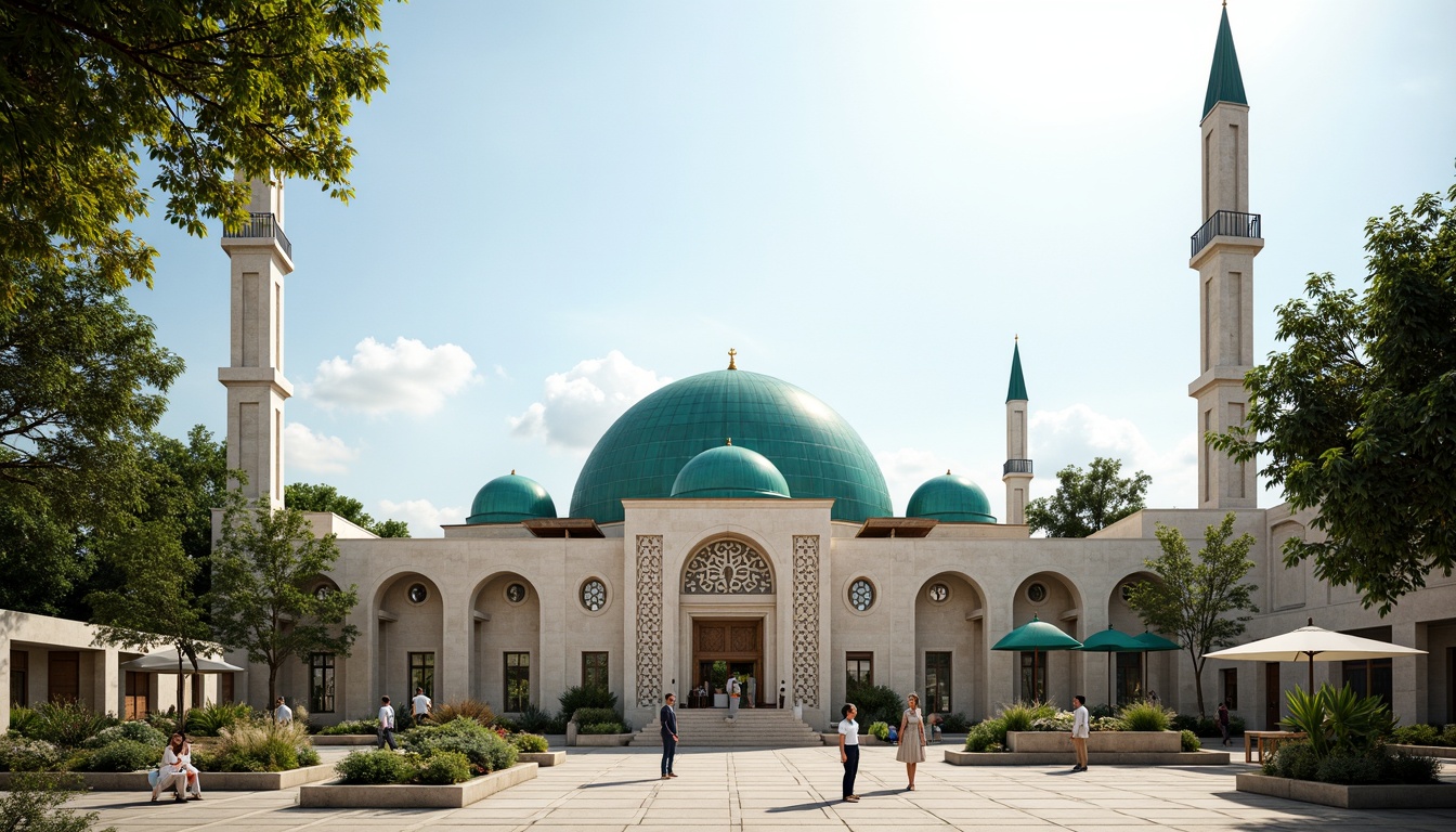 Prompt: Eco-friendly mosque, green dome, solar panels, wind turbines, natural stone exterior, minimalist interior, recycled materials, energy-efficient lighting, rainwater harvesting system, grey water reuse, organic gardens, native plant species, serene ambiance, soft diffused light, shallow depth of field, 3/4 composition, symmetrical architecture, cultural heritage-inspired patterns, vibrant turquoise accents, intricate geometric motifs, peaceful courtyard, shaded outdoor spaces.