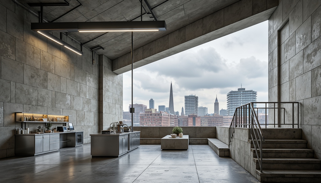 Prompt: Raw exposed concrete walls, industrial laboratory equipment, brutalist architectural style, angular lines, minimal ornamentation, functional design, stainless steel workbenches, futuristic lighting fixtures, overhead ventilation systems, polished concrete floors, metallic staircase railings, urban cityscape views, cloudy grey skies, soft diffused natural light, shallow depth of field, 3/4 composition, realistic textures, ambient occlusion.