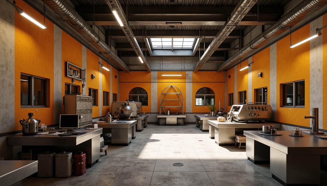 Prompt: Industrial laboratory interior, brutalist architecture, ochre-colored walls, exposed ductwork, metal beams, concrete flooring, industrial lighting, futuristic equipment, stainless steel workbenches, geometric patterns, minimalist decor, raw textures, high-contrast lighting, dramatic shadows, 1/1 composition, realistic renderings, ambient occlusion.Please let me know if this meets your requirements or if you need any adjustments!