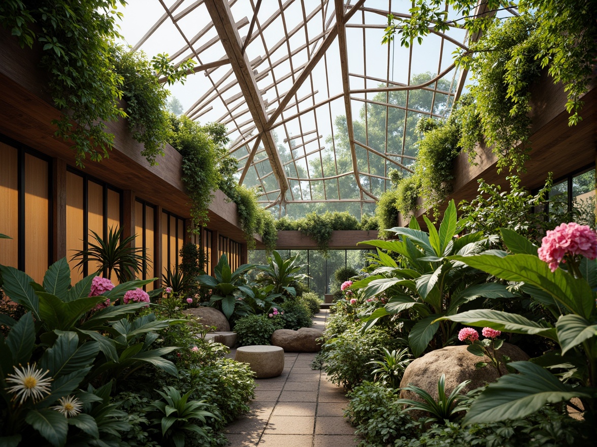 Prompt: Tropical greenhouse, lush vegetation, exotic flowers, natural stone walls, wooden trellises, misting systems, soft warm lighting, shallow depth of field, 3/4 composition, panoramic view, realistic textures, ambient occlusion, seamless integration, outdoor-indoor transition, biophilic design, living walls, green roofs, organic shapes, earthy tones, rustic metal accents, reclaimed wood, natural ventilation, evaporative cooling systems, humid subtropical climate, serene atmosphere.