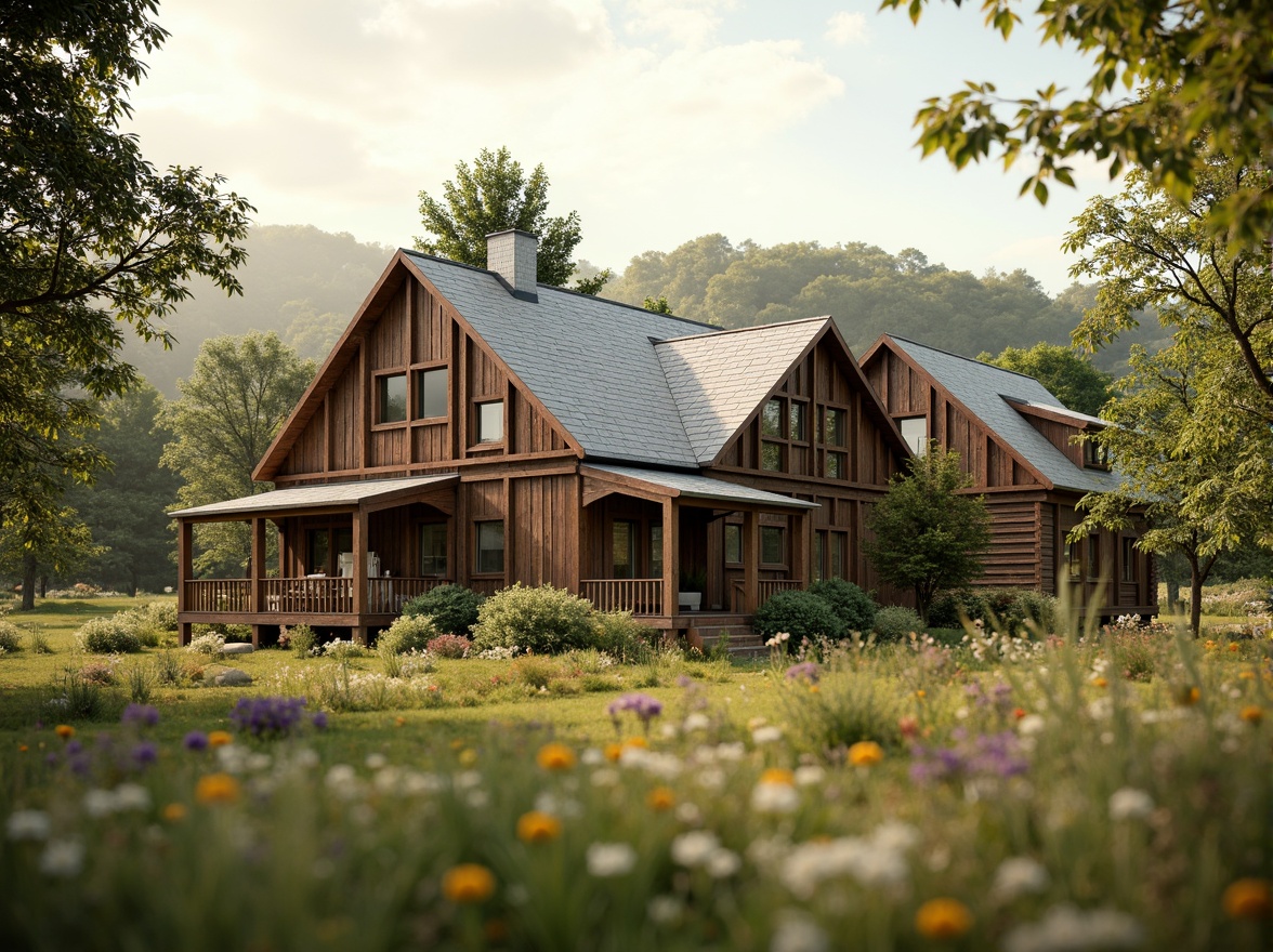 Prompt: Rustic rural cottage, earthy tones, natural materials, wooden accents, green roofs, solar panels, wind turbines, rainwater harvesting systems, organic gardens, wildflower meadows, serene countryside views, soft warm lighting, shallow depth of field, 3/4 composition, panoramic view, realistic textures, ambient occlusion.