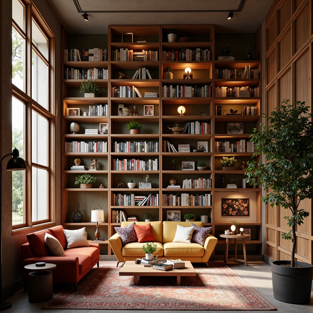 Prompt: Cozy reading nooks, floor-to-ceiling bookshelves, warm wooden accents, comfortable sofas, minimalist desks, modern task lighting, vibrant color schemes, eclectic artwork, plush area rugs, natural stone flooring, tall windows, abundant natural light, soft diffused lighting, 1/1 composition, intimate atmosphere, realistic textures, ambient occlusion.