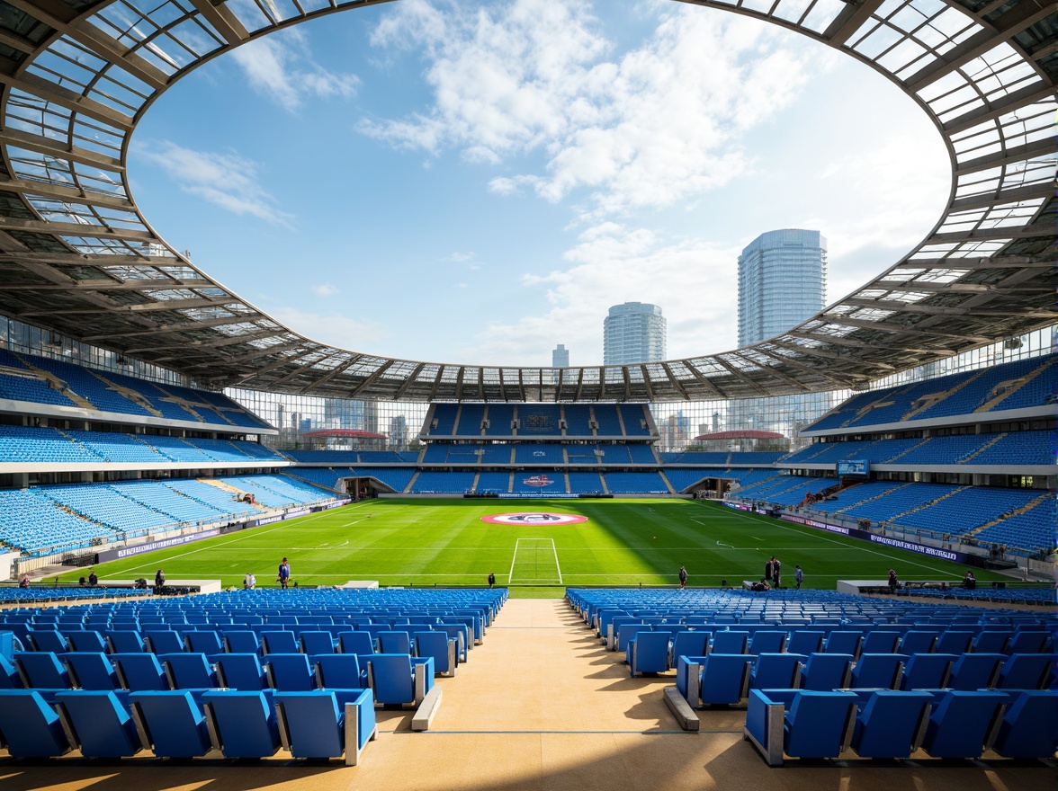 Prompt: Vibrant sports stadium, fusion architecture style, bold color palette, electric blue seats, bright green grass, warm beige concrete, metallic silver accents, dynamic LED lighting, futuristic curved lines, sleek glass fa\u00e7ades, modern angular shapes, urban cityscape background, cloudy sunny day, dramatic shadows, high-contrast lighting, 1/1 composition, wide-angle lens, realistic render, ambient occlusion.