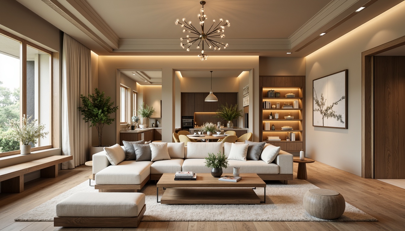 Prompt: Cozy living room, warm beige walls, comfortable sofas, wooden coffee tables, soft cushions, elegant chandeliers, large windows, natural light, minimal ornamentation, functional shelving units, sleek modern cabinets, efficient kitchen layouts, compact bathrooms, spacious master bedrooms, walk-in closets, ample storage spaces, cleverly designed nooks, peaceful ambiance, warm color palette, inviting textures, shallow depth of field, 1/1 composition, realistic renderings.