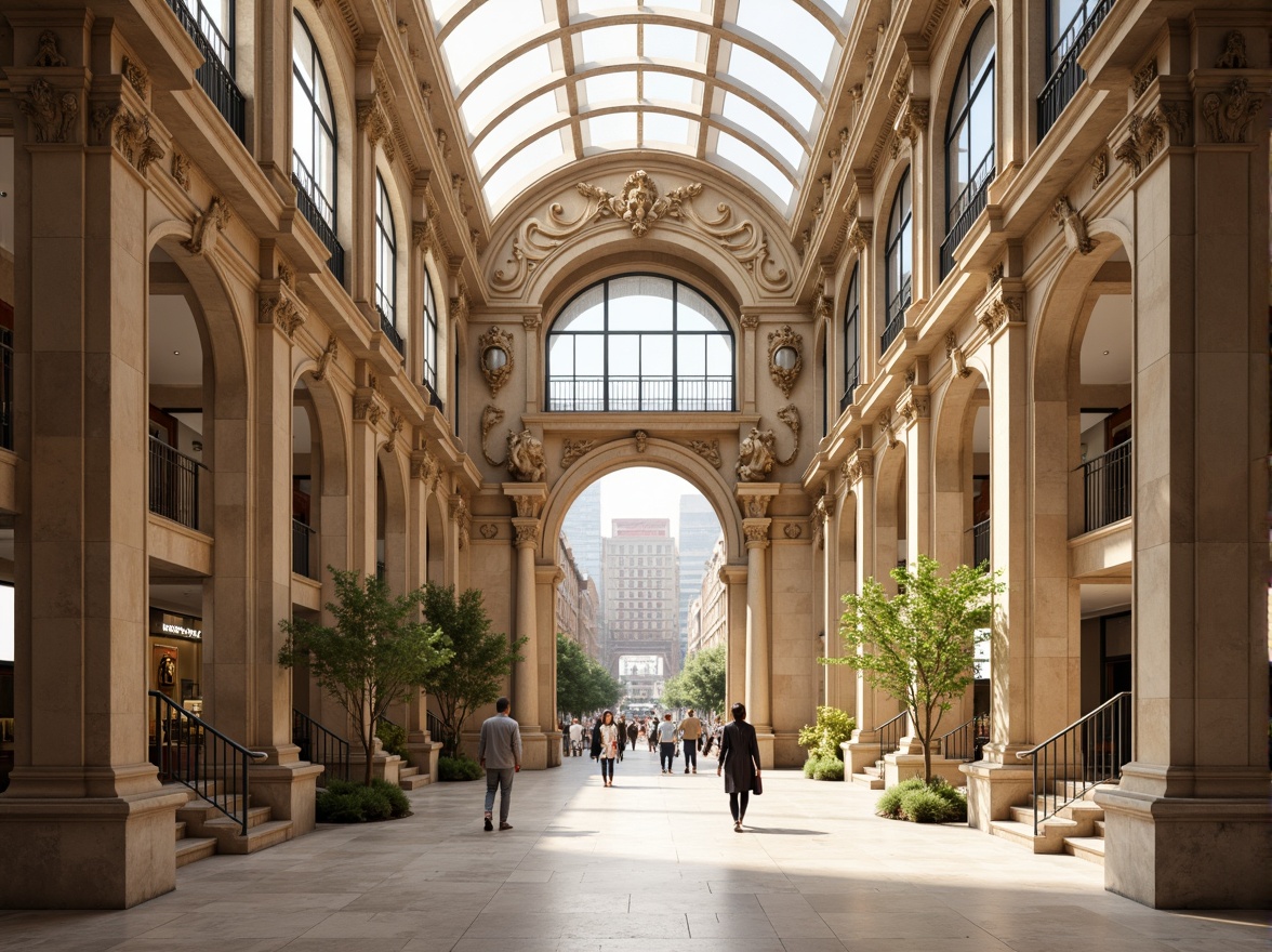 Prompt: Grand market hall, ornate facade, neoclassical columns, carved stone details, symmetrical architecture, rusticated base, arched windows, intricate moldings, grand entrance, sweeping staircases, marble flooring, high ceilings, natural light pouring in, warm beige color tone, subtle texture variations, shallow depth of field, 1/2 composition, realistic rendering, ambient occlusion.Note