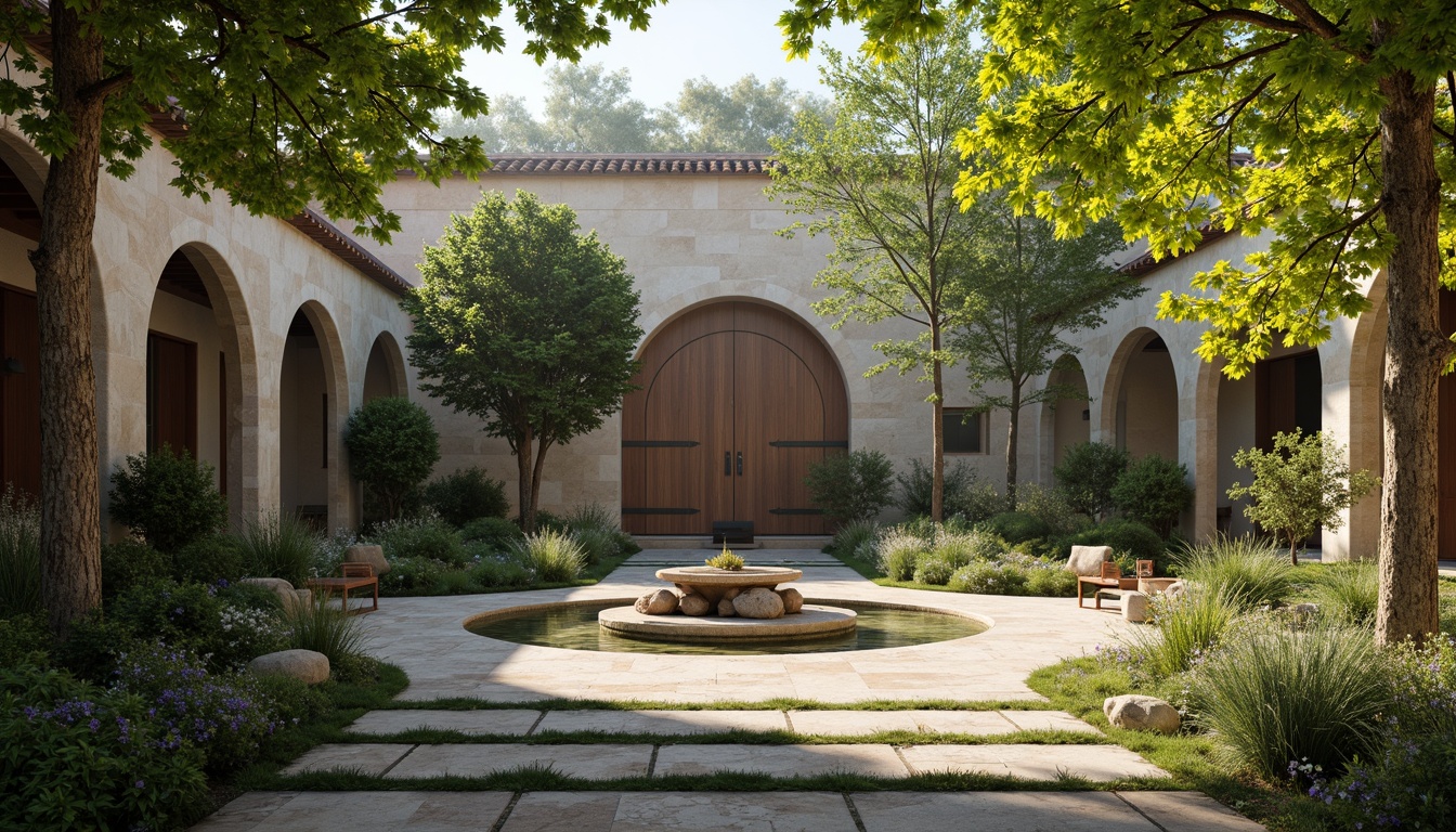 Prompt: Serene monastery courtyard, lush greenery, natural stone walls, curved arches, rustic wooden doors, peaceful water features, organic architecture, blending with surroundings, earthy tones, harmonious coexistence, minimalist decor, soft warm lighting, shallow depth of field, 1/1 composition, panoramic view, realistic textures, ambient occlusion, misty morning atmosphere, gentle breeze, subtle fragrance of herbs, tranquil ambiance.