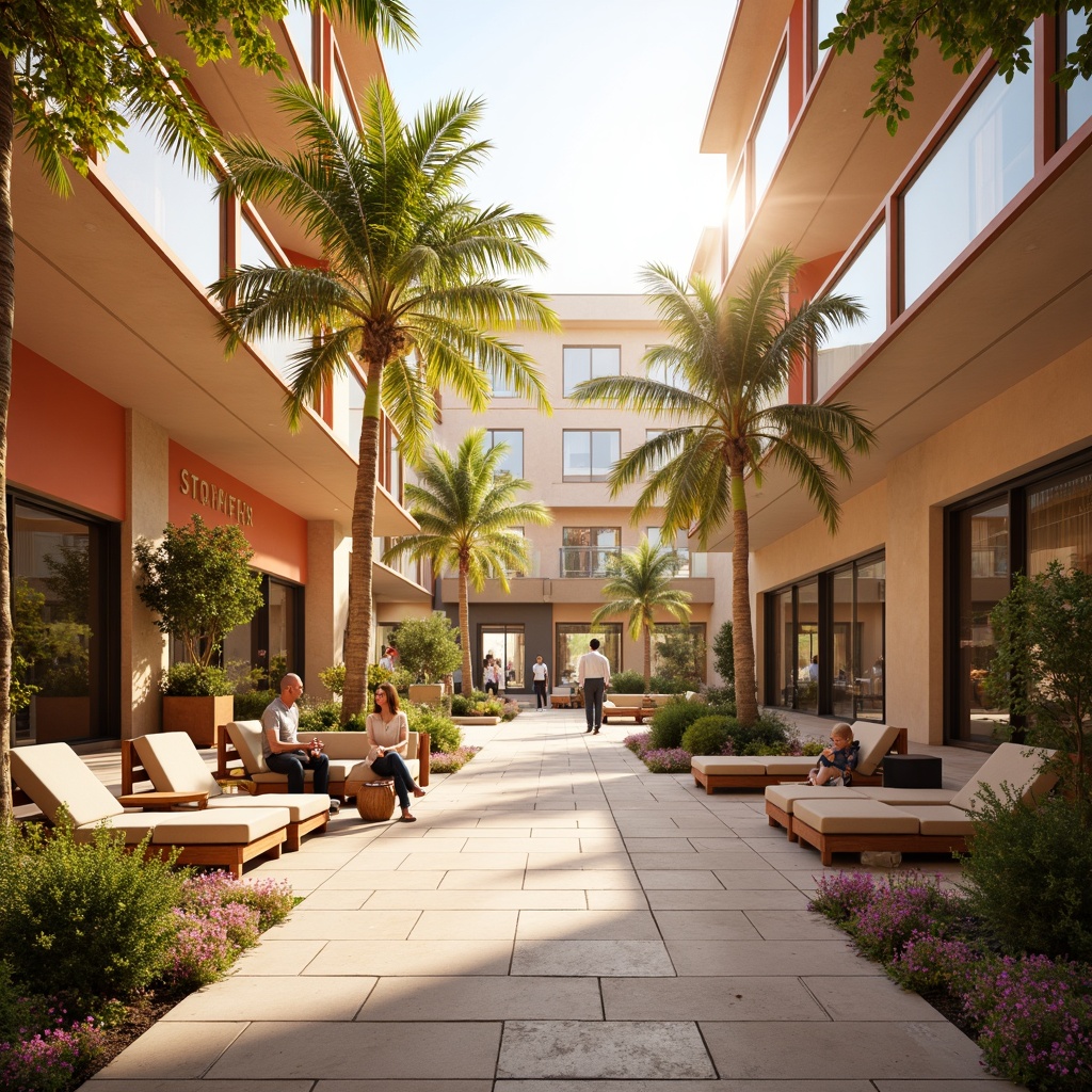 Prompt: Vibrant peach hues, warm beige tones, soft golden lighting, modern shopping center architecture, sleek glass facades, minimalist interior design, natural stone flooring, comfortable seating areas, lush greenery, tropical plants, ambient occlusion, shallow depth of field, 3/4 composition, panoramic view, realistic textures, warm sunny day, soft focus, gentle bokeh.