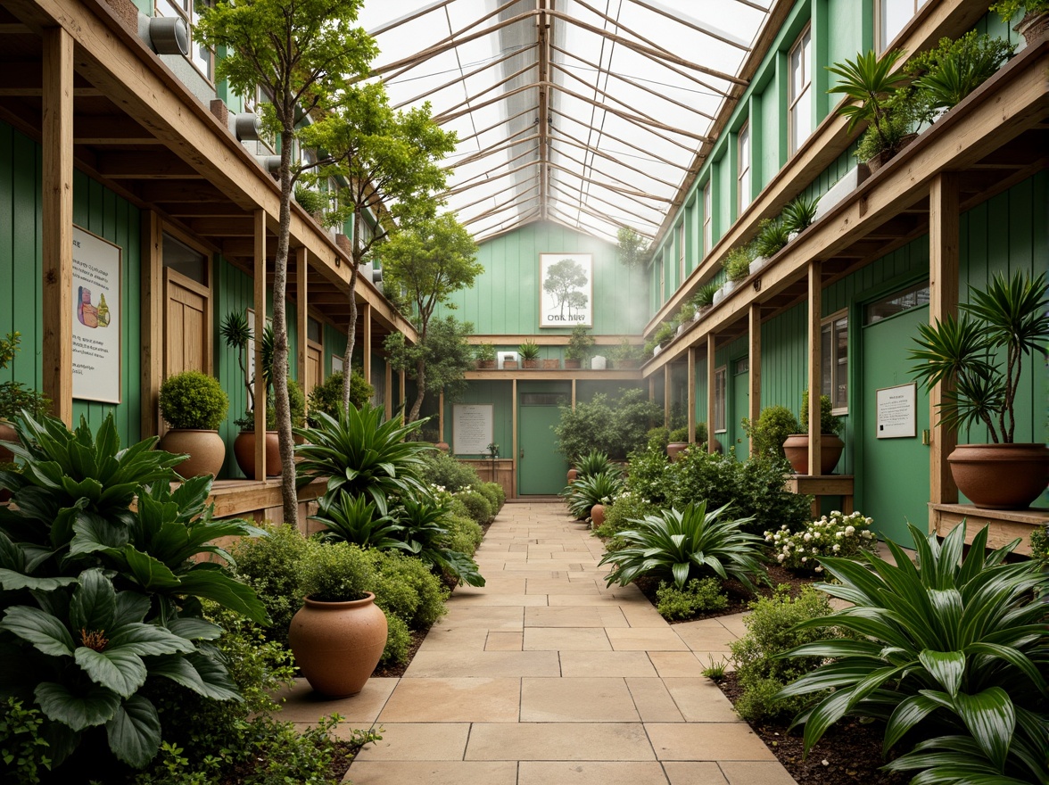 Prompt: Vibrant greenhouse interior, lush tropical plants, warm natural light, misty atmosphere, wooden trellises, rustic metal frames, earthy terracotta pots, soft green walls, calming ambiance, serene water features, gentle trickling sounds, refreshing humid air, bright skylights, airy ventilation systems, organic fertilizer displays, botanical educational signs, nature-inspired color palette, harmonious contrast, analogous hues, warm beige flooring, natural stone pathways, lush foliage textures, realistic plant models, shallow depth of field, 1/1 composition, intimate perspective.