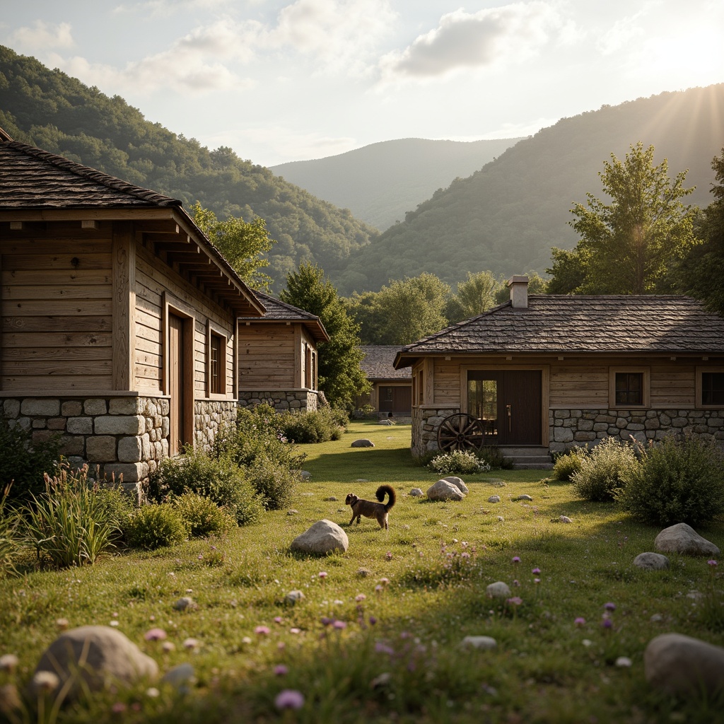 Prompt: Rustic rural landscape, rolling hills, wooden farmhouses, stone walls, earthy tones, natural textures, reclaimed wood, exposed brick, thatched roofs, clay tiles, weathered metal, distressed finishes, vintage farm equipment, wildflower meadows, sunny afternoon, warm soft lighting, shallow depth of field, 1/1 composition, intimate focal length, realistic ambient occlusion.