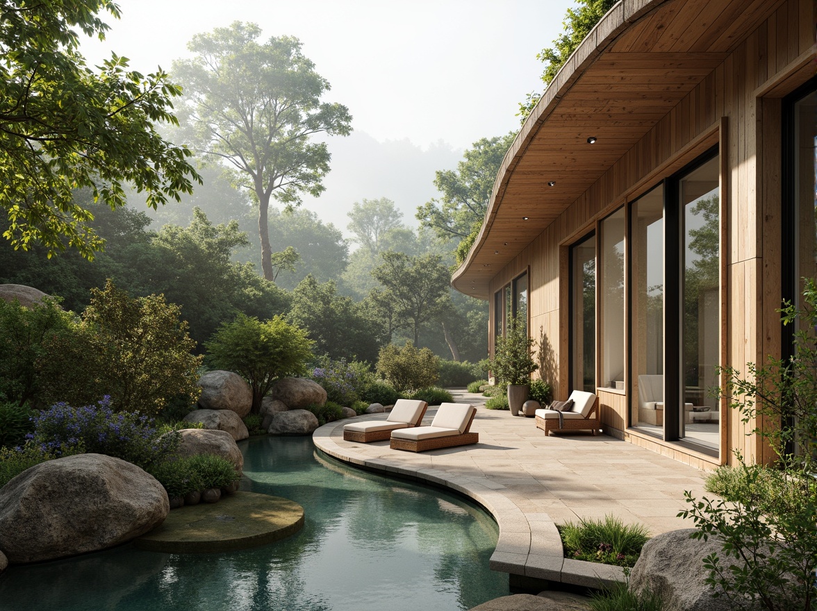 Prompt: Organic architecture, curved lines, natural stone walls, wooden accents, living green roofs, botanical gardens, tranquil water features, misty atmosphere, soft diffused lighting, earthy color palette, moss-covered surfaces, woven bamboo textures, reclaimed wood furnishings, minimalist decor, floor-to-ceiling windows, panoramic views, symmetrical composition, serene ambiance, realistic renderings.