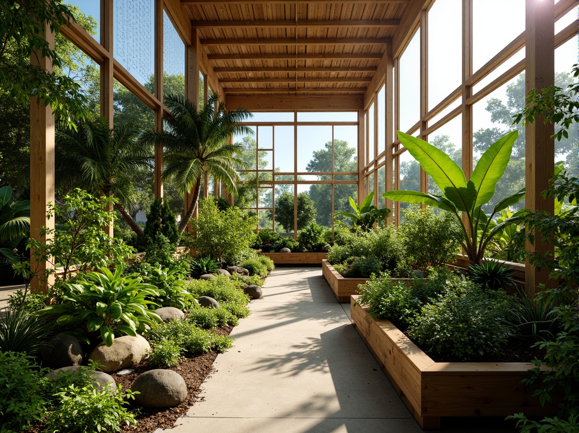 Prompt: Vibrant greenhouse interior, lush tropical plants, natural ventilation systems, passive solar design, energy-efficient glazing, recycled rainwater harvesting, organic fertilizers, composting facilities, living walls, green roofs, bamboo flooring, reclaimed wood accents, minimal waste construction, eco-friendly materials, optimized shading systems, clerestory windows, diffused natural light, warm earthy tones, organic textures, serene ambiance, shallow depth of field, 1/1 composition, soft focus effect.