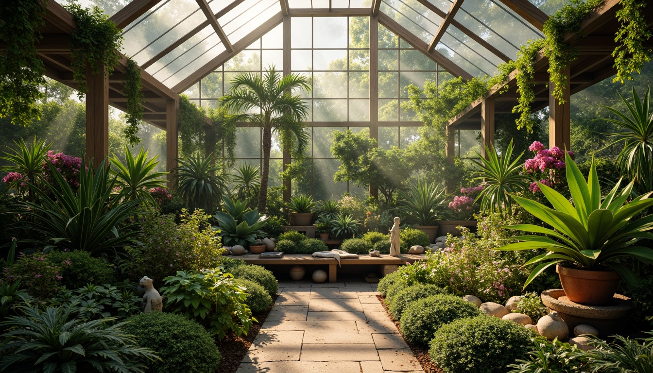 Prompt: Lush tropical greenhouse, vibrant green foliage, warm natural light, misty atmosphere, earthy terracotta pots, wooden trellises, soft pastel colors, calming ambiance, gentle humidity, lush flowering plants, exotic palm trees, delicate ferns, whimsical garden ornaments, rustic metal accents, natural stone pathways, softbox lighting, 1/2 composition, warm color palette, high saturation, subtle texture overlays.