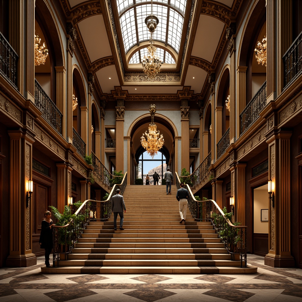 Prompt: Intricate ornate details, grand entrance, symmetrical composition, luxurious materials, metallic accents, bold color scheme, dramatic lighting effects, towering columns, curved archways, ornamental railings, lavish decorations, intricate carvings, opulent chandeliers, majestic staircases, sophisticated textures, high-contrast rendering, cinematic atmosphere, 1-point perspective, low-angle shot, warm golden light, shallow depth of field.