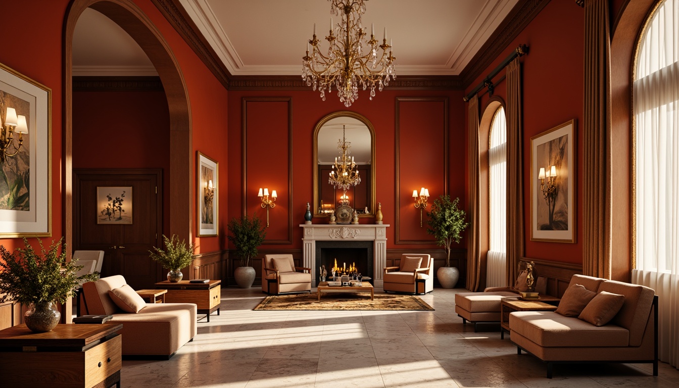 Prompt: Vibrant persimmon-colored walls, warm beige accents, rich walnut wood furniture, plush velvet textiles, ornate golden fixtures, dramatic archways, spacious high ceilings, luxurious marble floors, elegant crystal chandeliers, soft diffused lighting, shallow depth of field, 2/3 composition, intimate atmospheric mood, realistic material textures, subtle ambient occlusion.