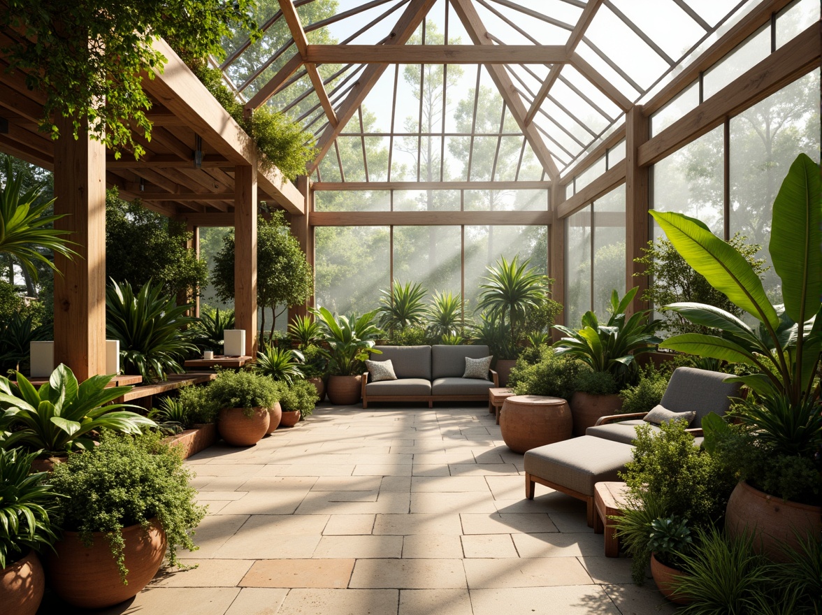 Prompt: Vibrant greenhouse interior, lush tropical plants, warm natural light, misty atmosphere, rustic wooden accents, earthy terracotta pots, soft diffused shadows, subtle color gradients, harmonious pastel hues, calming greenery, natural stone flooring, reclaimed wood beams, modern minimalist architecture, large skylights, glass roofs, automated irrigation systems, cozy reading nooks, comfortable seating areas, warm beige tones, inviting ambiance, shallow depth of field, 1/2 composition, soft focus effect, realistic plant textures.