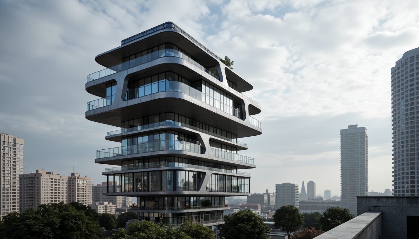 Prompt: Futuristic watchtower, sleek metallic fa\u00e7ade, geometric shapes, angular lines, minimalist design, cantilevered balconies, floor-to-ceiling windows, glass railings, steel beams, exposed ductwork, industrial materials, urban landscape, cityscape, cloudy sky, dramatic shadows, high contrast lighting, 1/1 composition, symmetrical framing, realistic textures, ambient occlusion.