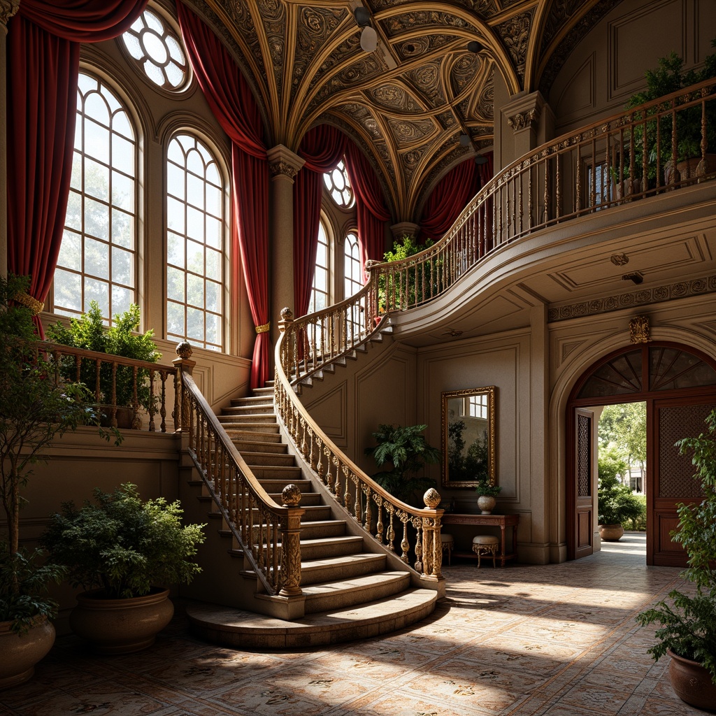 Prompt: Intricate ornate details, flowing organic curves, sinuous lines, luxurious materials, velvet drapes, carved wooden panels, stained glass windows, mosaic tile floors, grand staircases, sweeping archways, ornate metalwork, natural motifs, botanical patterns, feminine silhouettes, soft warm lighting, shallow depth of field, 2/3 composition, atmospheric perspective, realistic textures, ambient occlusion.