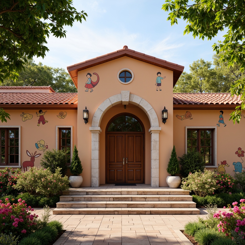 Prompt: Warm kindergarten exterior, Romanesque arches, rounded columns, ornate stone carvings, vibrant colorful murals, playful ceramic tiles, red terracotta roofing, lush greenery, blooming flowers, wooden doors, ornate metal door handles, large windows, stained glass, soft warm lighting, shallow depth of field, 1/1 composition, realistic textures, ambient occlusion.