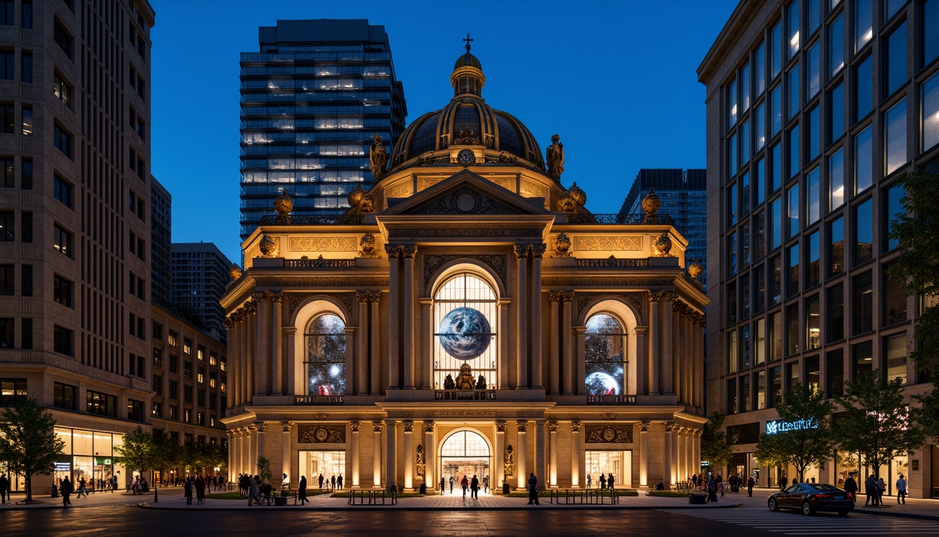 Prompt: Historic planetarium building, neoclassical architecture, grand entrance, ornate columns, intricate stone carvings, celestial-inspired murals, starry night sky projections, urban cityscape backdrop, busy streets, modern skyscrapers, vibrant city lights, soft warm glow, shallow depth of field, 1/2 composition, symmetrical framing, realistic textures, ambient occlusion, subtle atmospheric effects.