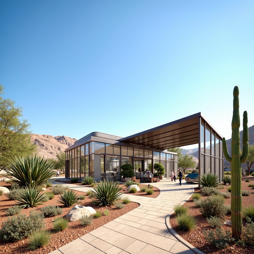 Prompt: Desert greenhouse, arid landscape, cacti and succulents, hot sunny day, clear blue sky, vast open space, modern futuristic architecture, sleek metal framework, reflective glass surfaces, angular lines, minimalist design, sustainable energy solutions, solar panels, wind turbines, water conservation systems, green roofs, eco-friendly materials, innovative cooling technologies, shaded outdoor spaces, misting systems, Arabic-inspired patterns, vibrant colorful textiles, intricate geometric motifs, advanced ventilation systems, evaporative cooling, fogging systems, air circulation fans, dehumidification units, temperature control sensors, humidity monitoring devices, automated climate management.