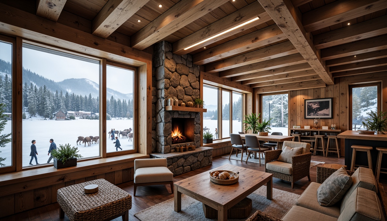 Prompt: Rustic ski lodge, wooden accents, stone fireplace, natural wood beams, earthy color palette, snow-capped mountains, frozen lake views, pine tree surroundings, winter sports equipment, cozy lounge areas, woven textiles, reclaimed wood furniture, ambient warm lighting, soft focus, shallow depth of field, 1/2 composition, realistic wood textures, misty atmosphere.