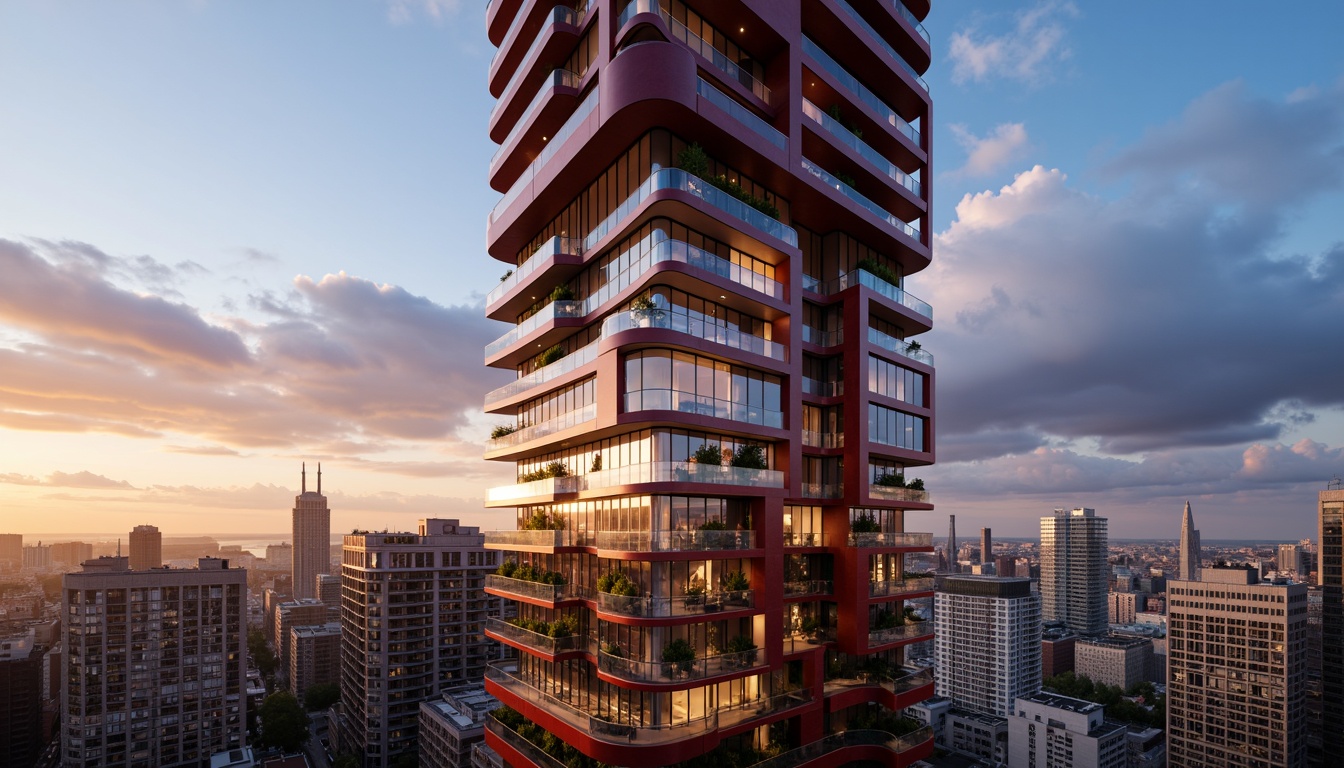 Prompt: Maroon skyscraper, sleek modern architecture, bold color blocking, deep reddish-brown hues, golden accents, metallic sheen, floor-to-ceiling windows, panoramic city views, luxurious penthouse apartments, rooftop gardens, urban skyline, clear blue sky, dramatic cloud formations, warm sunset lighting, high-contrast shadows, 1/2 composition, cinematic perspective, detailed textures, ambient occlusion.