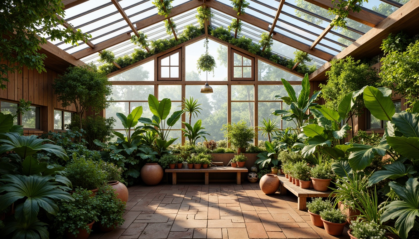 Prompt: Vibrant botanical greenhouse, lush green foliage, tropical plants, warm natural light, humid misty atmosphere, earthy terracotta pots, reclaimed wood accents, living walls, organic shapes, soft pastel hues, calming ambiance, soothing color palette, natural ventilation systems, clerestory windows, skylights, diffused sunlight, 1/2 composition, intimate scale, cozy nooks, whimsical decorative elements, distressed metal frames, artisanal planters, eclectic art pieces.