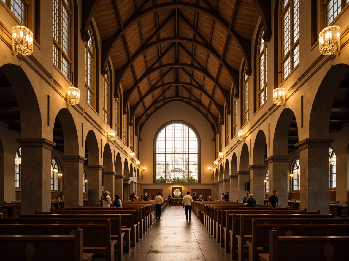 Prompt: Grand cathedral interior, vaulted ceilings, stained glass windows, ornate chandeliers, warm golden lighting, soft diffused illumination, subtle color temperature, elegant simplicity, minimal ornamentation, rectangular forms, flat roofs, functionalism, clean lines, industrial materials, brutalist influences, abstract spiritual symbols, modern religious art, neutral color palette, ambient indirect lighting, dramatic high contrast, 1/1 composition, symmetrical framing, realistic reflections, subtle lens flares.