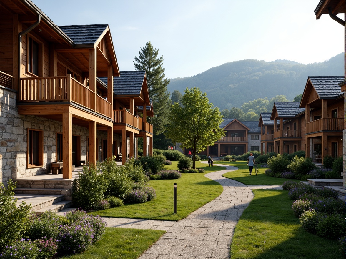 Prompt: Rustic wooden accents, earthy color palette, pitched roofs, natural stone walls, traditional regional architecture, cozy porches, lush greenery, blooming flowers, winding pathways, rural landscape, rolling hills, serene atmosphere, soft warm lighting, shallow depth of field, 3/4 composition, panoramic view, realistic textures, ambient occlusion.Please let me know if you need any adjustments!