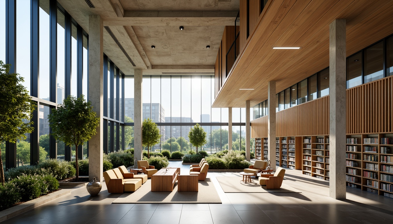 Prompt: Modern library interior, sleek lines, minimalist aesthetic, vast open spaces, high ceilings, floor-to-ceiling windows, natural light, wooden shelves, aluminum framing, LED lighting, glass partitions, recycled paper-based materials, bamboo flooring, low-VOC paints, FSC-certified wood, energy-efficient systems, green roofs, cantilevered structures, brutalist architecture, concrete columns, steel beams, industrial-chic decor, abstract sculptures, cozy reading nooks, ergonomic furniture, soft warm lighting, shallow depth of field, 2/3 composition, symmetrical framing.