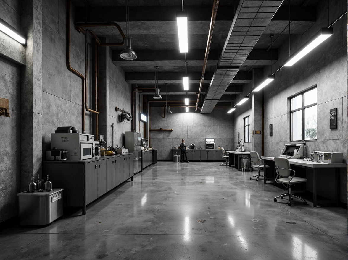 Prompt: Rough-hewn laboratory building, exposed concrete walls, brutalist architecture style, industrial pipes, metallic equipment, fluorescent lighting, minimalist decor, functional layout, raw concrete floors, steel beams, angular lines, monochromatic color scheme, dramatic shadows, high contrast lighting, realistic textures, ambient occlusion, 3/4 composition, cinematic view.